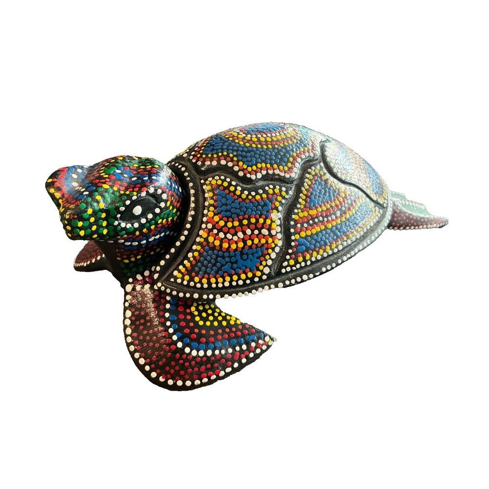 Vintage Hand Carved Wood Seaturtle w/Mosaic Bead Design and removable shel